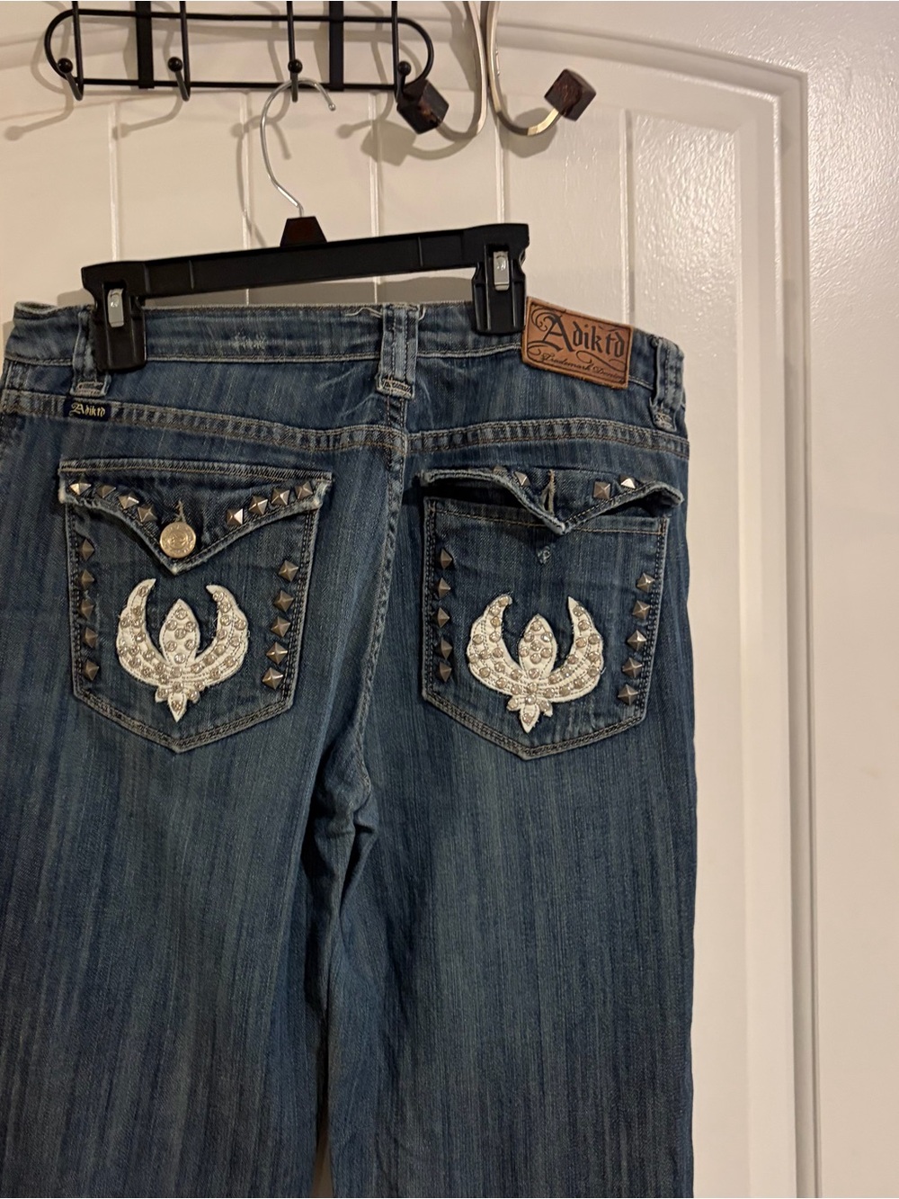 Adiktd Dark Blue Embellished Bootcut Jeans with Rhinestone Appliqués